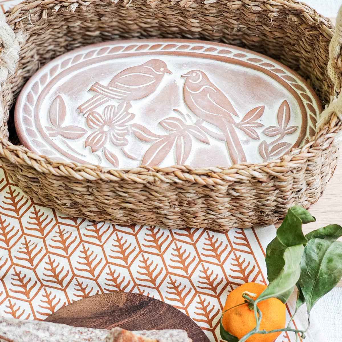 Handmade Bread Warmer & Wicker Basket - Lovebirds Oval