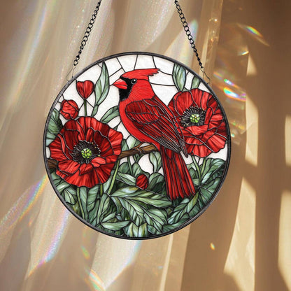 Cardinal and Red Poppy Suncatcher, Floral Ornament