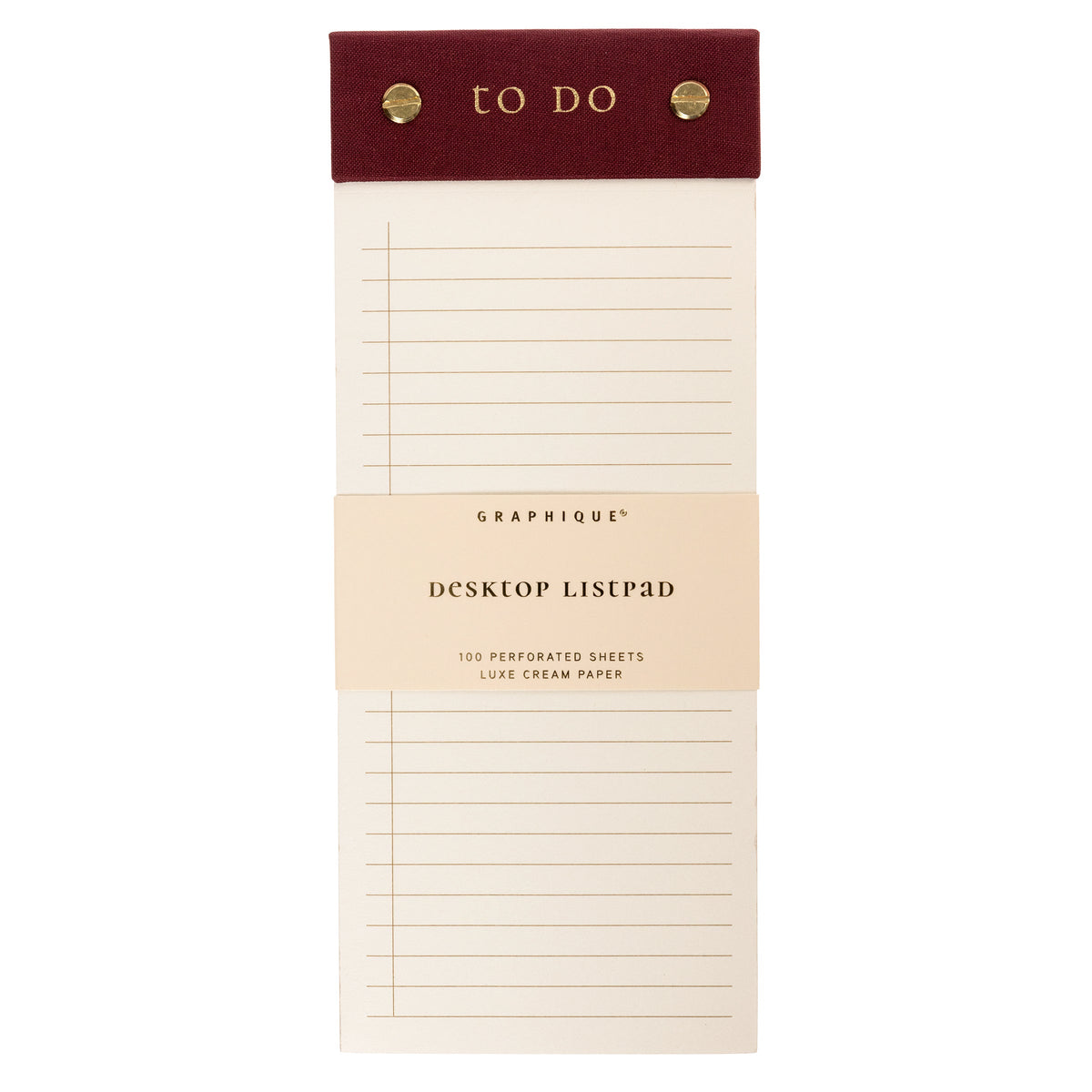 Burgundy Fabric-Bound Desktop Notepad, A burgundy fabric desktop notepad with to Do lettered in gold foil and two gold posts at the top.