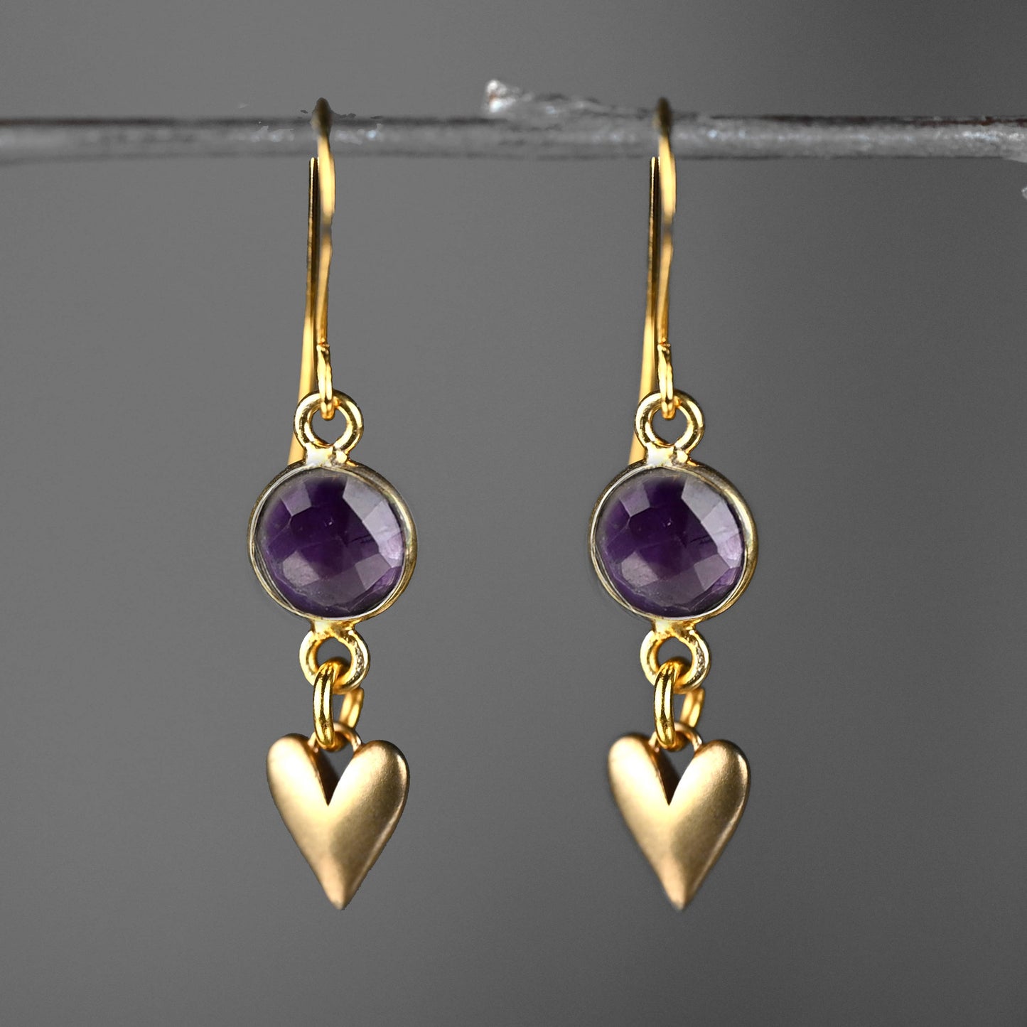 Small Brass Cast Hearts w/ Round Semi Precious Earrings