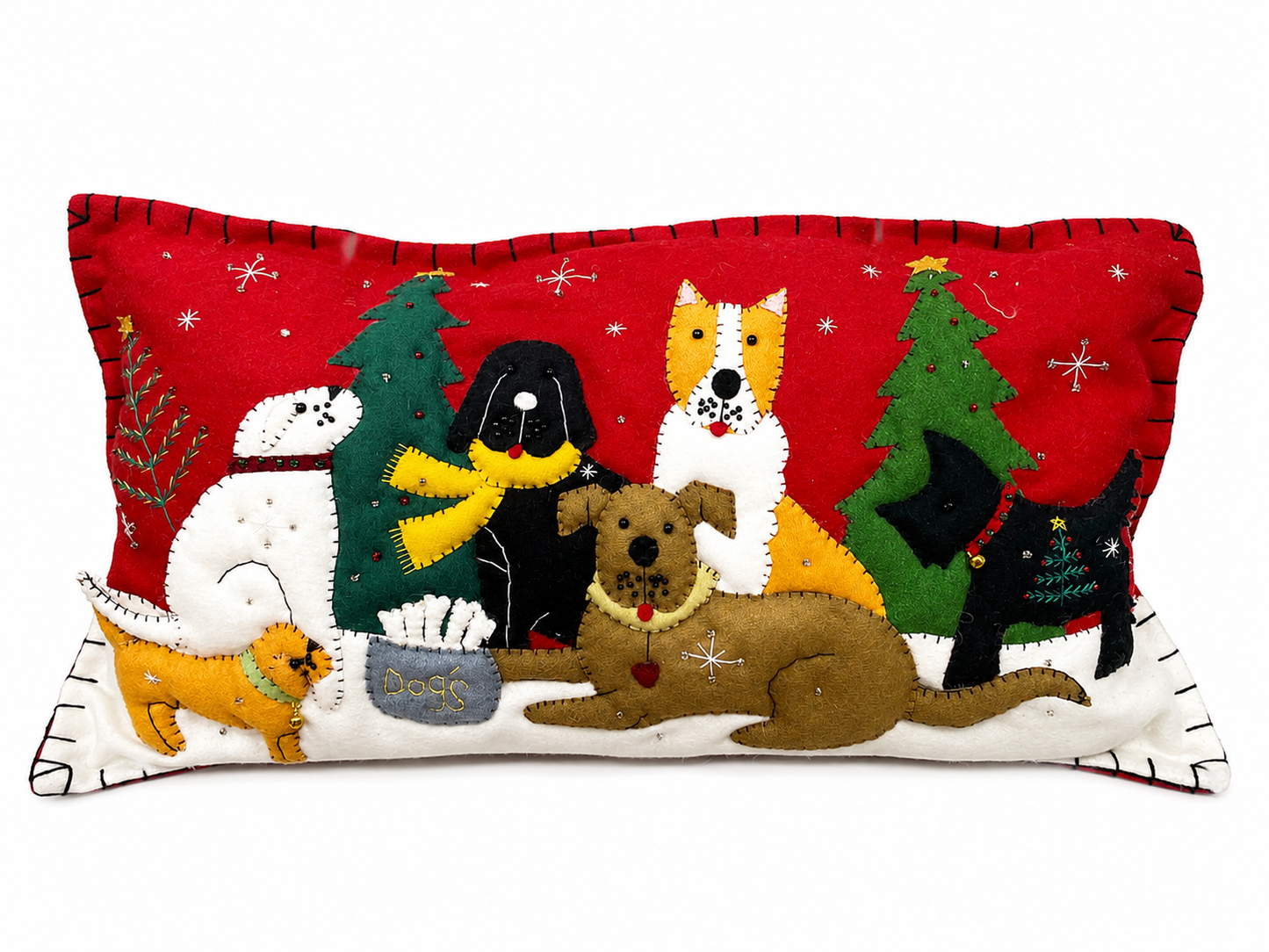 Red pillow adorned with holiday dogs 11x19