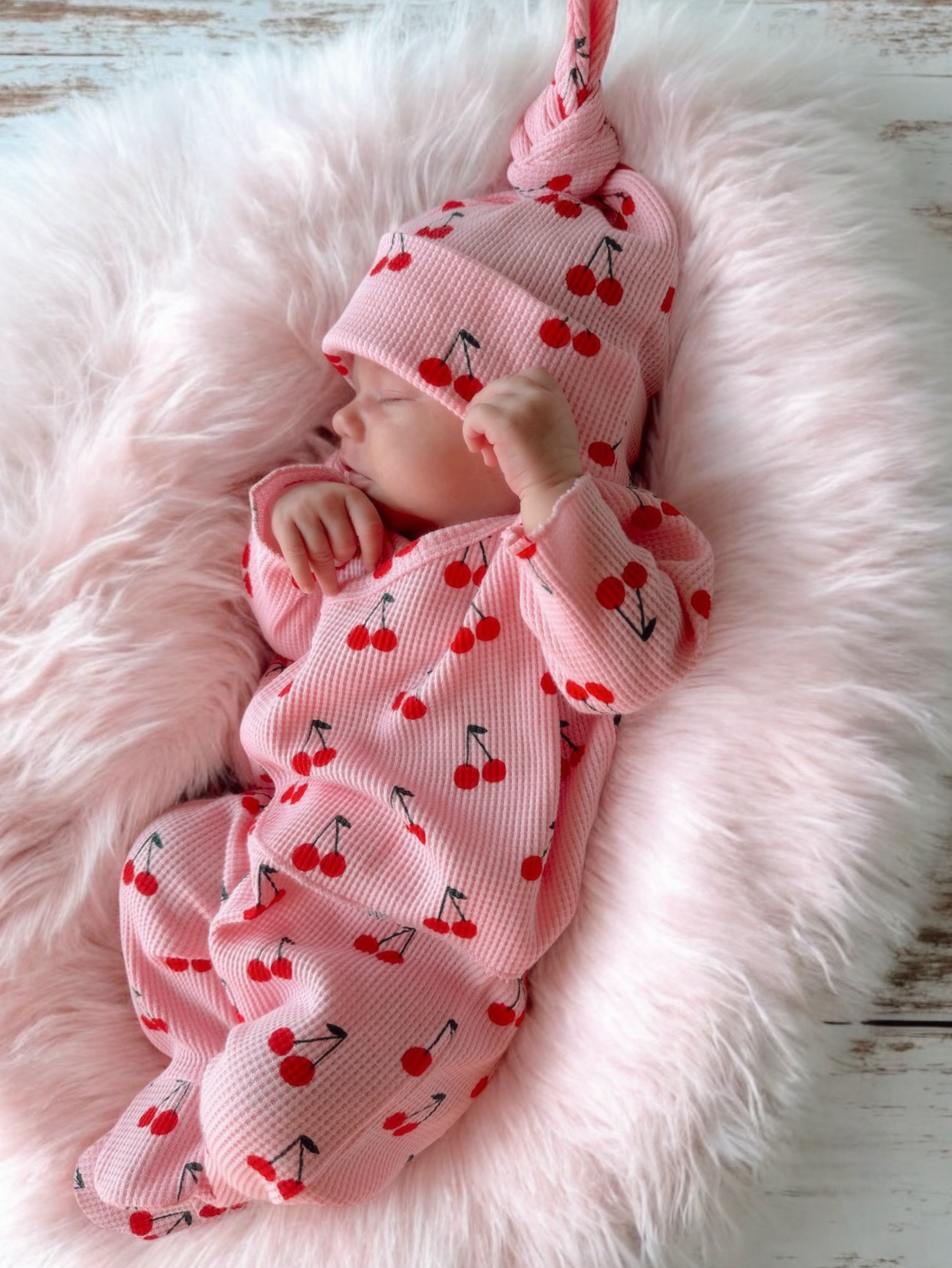 Organic Waffle Kimono & Pant Set, Pink Cherries: Newborn