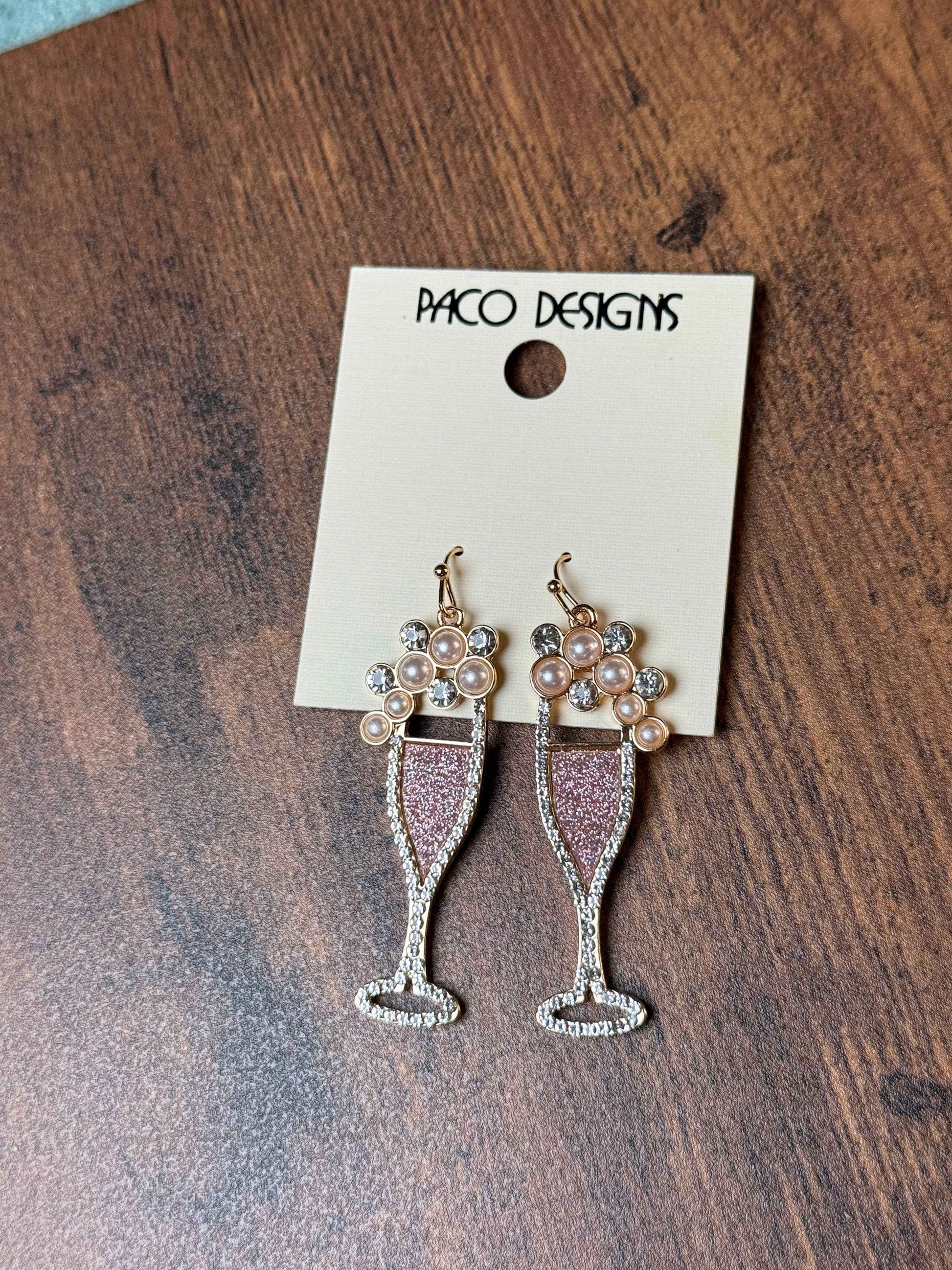 Glitzy Pink Champagne Flute Earrings with Pearls