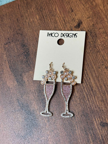 Glitzy Pink Champagne Flute Earrings with Pearls