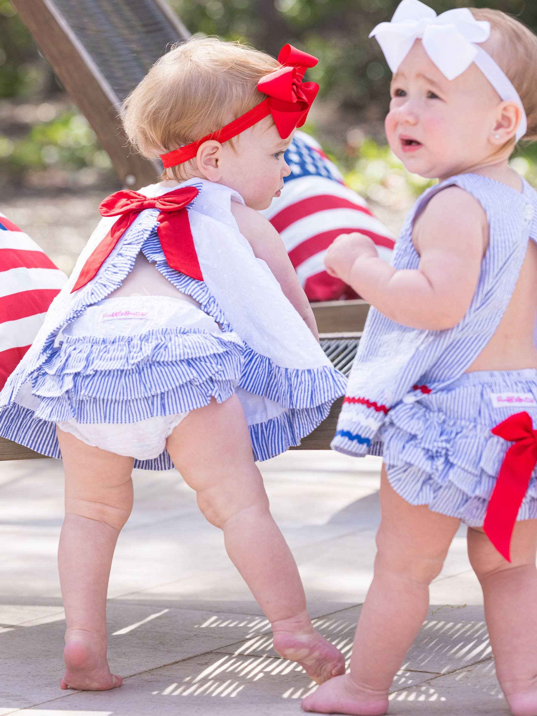 Baby Girls White & Classic Blue Seersucker Swiss Dot Swing Top & Bloomer Set: 0-3m