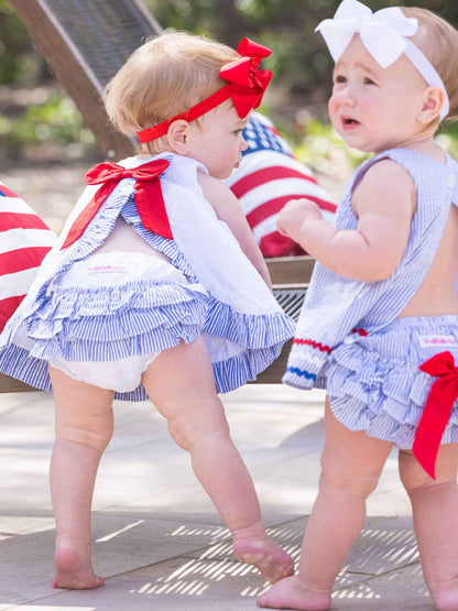 Baby Girls White & Classic Blue Seersucker Swiss Dot Swing Top & Bloomer Set: 0-3m