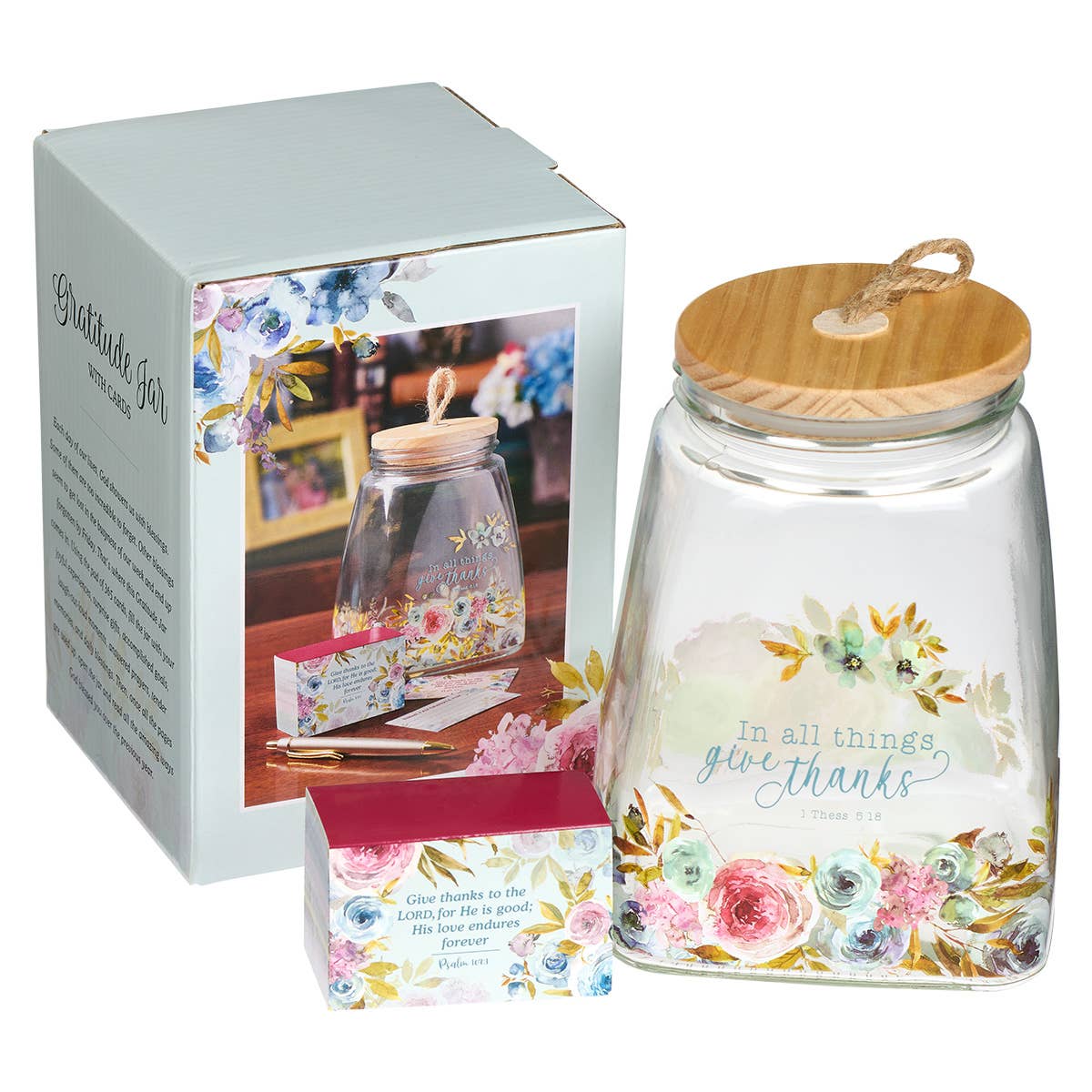 Give Thanks Pink Ranunculus Glass Gratitude Jar with Cards -