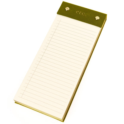 Olive Fabric-Bound Desktop Notepad, An olive green fabric desktop notepad with etc lettered in gold foil and two gold posts at the top.