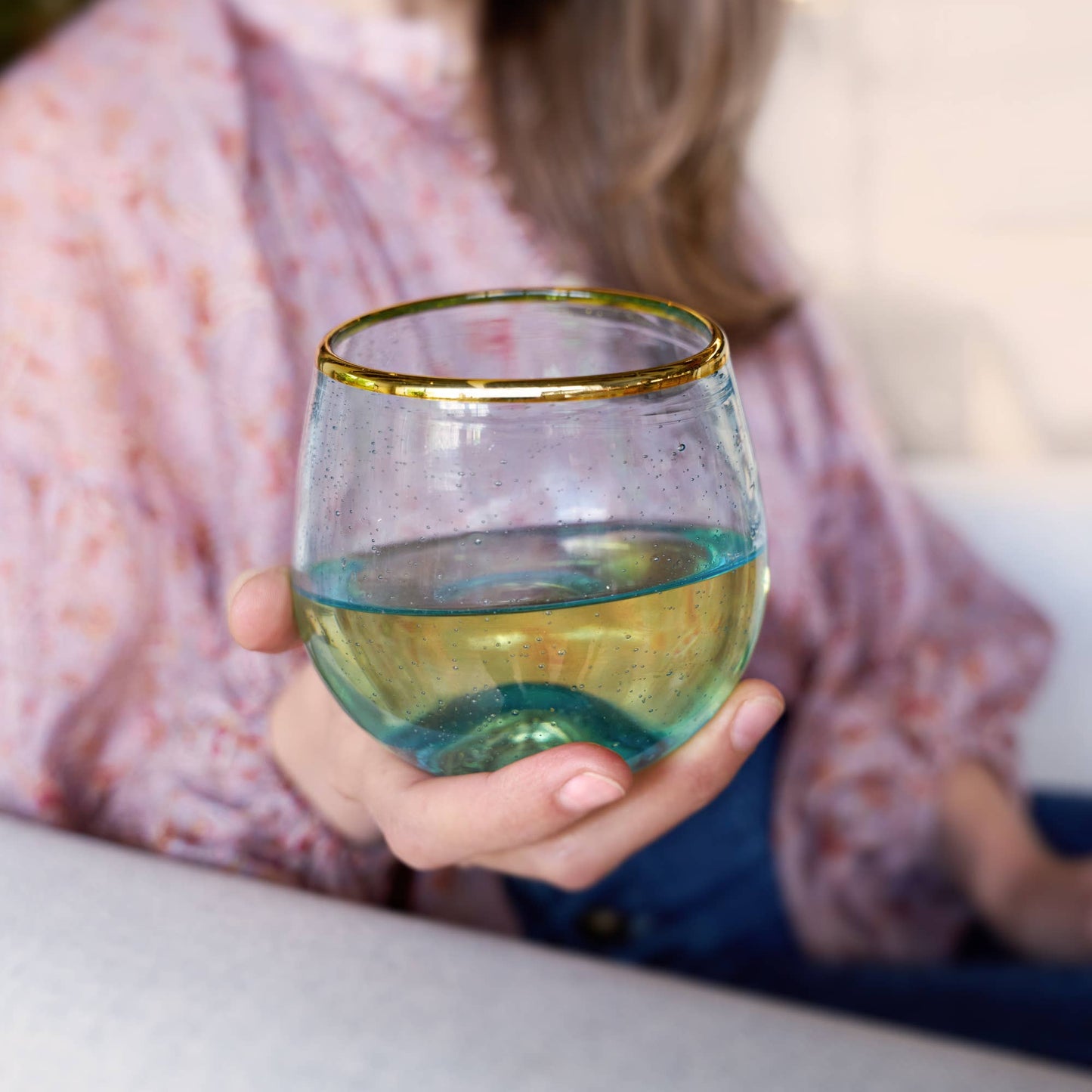 Aqua Bubble Stemless Glasses with Gold Plated Rims Set of 2