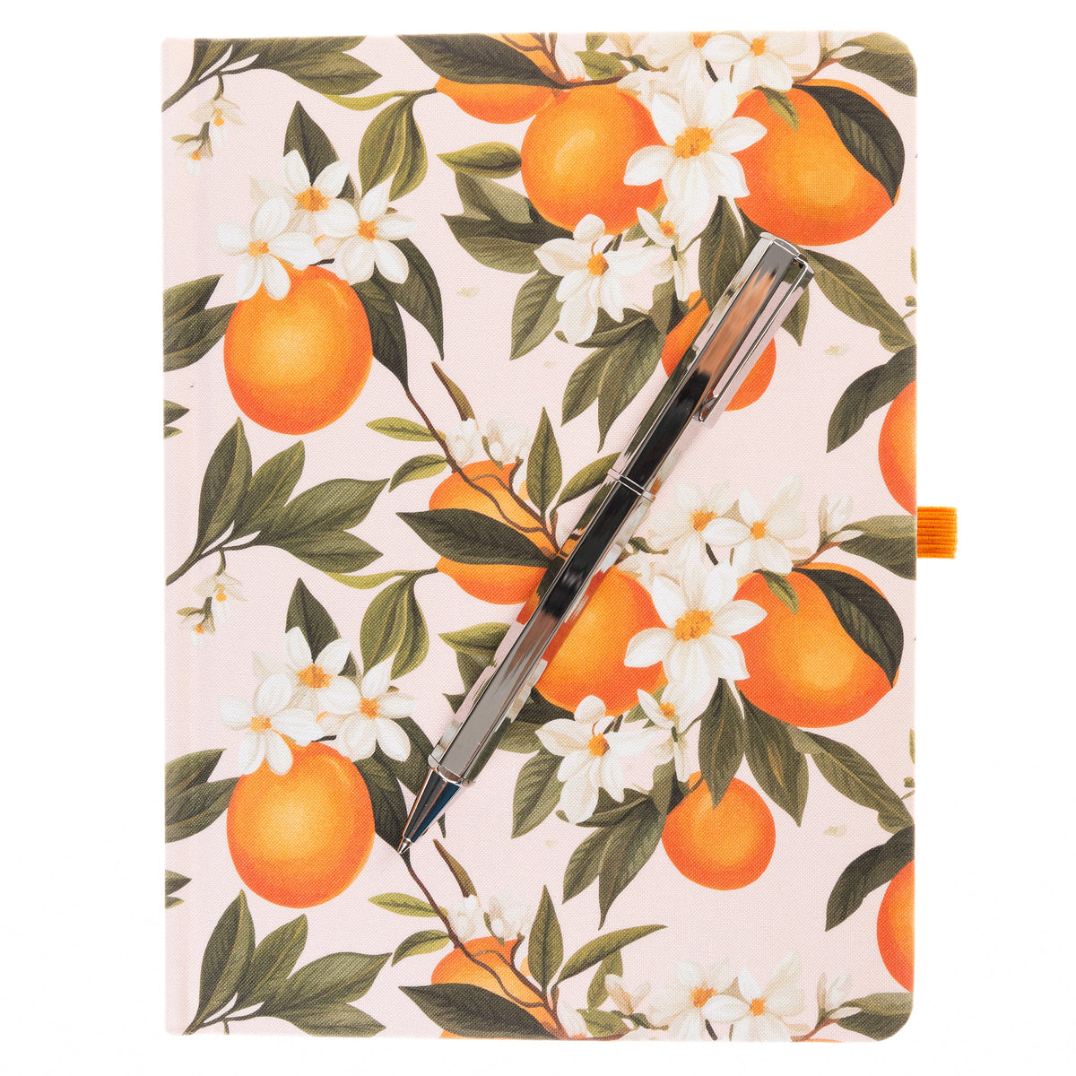 La Petite Presse L'Orange Fabric-Bound Journal with Pen, An orange grove fabric journal, closed with an orange elastic band and a silver pen tucked into a loop.