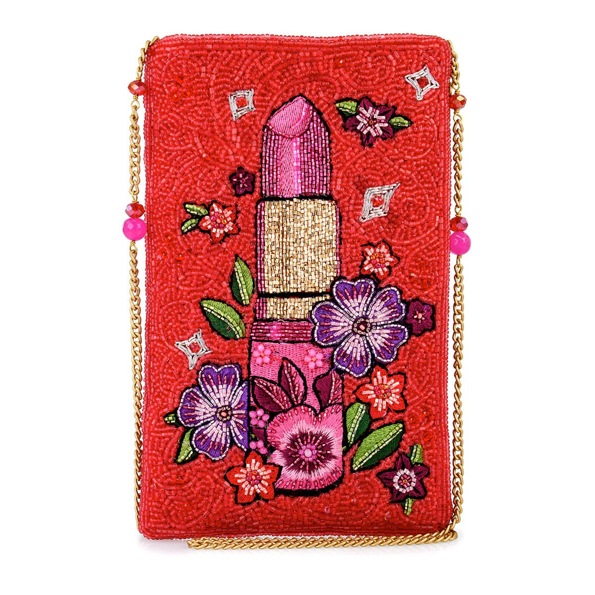 Mary Frances Accessories - Glamour Girl Pink Lipstick Red Beaded Crossbody Phone Bag