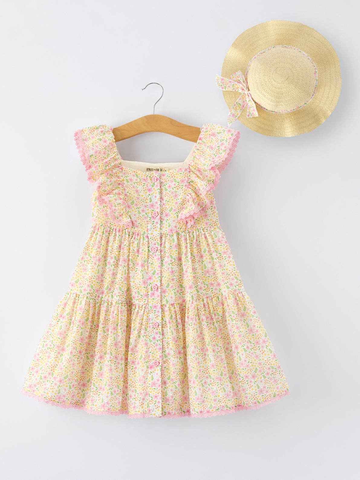 Spring Floral Girls Ruffle Dress With Bow Straw Hat Set: 2