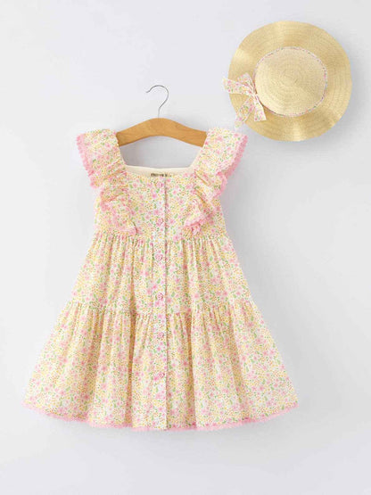 Spring Floral Girls Ruffle Dress With Bow Straw Hat Set: 7