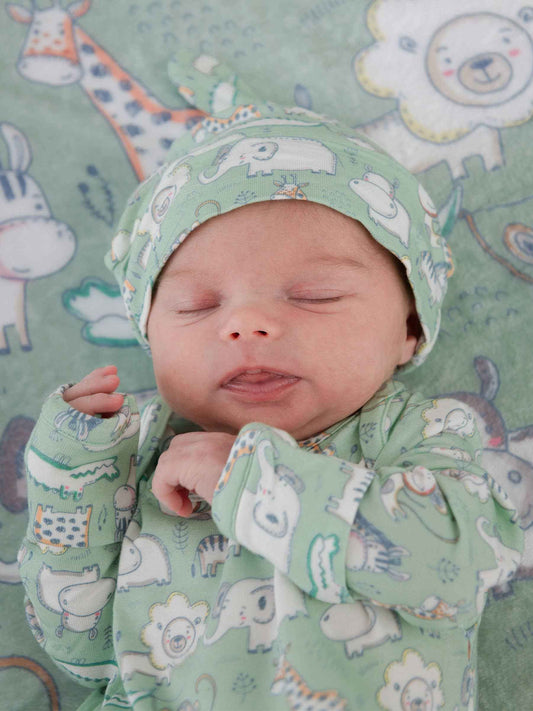 SoftSnooze™ Baby Bamboo Viscose Sage Safari Knotted Sleep Gown & Hat Set: Green / Newborn-3m