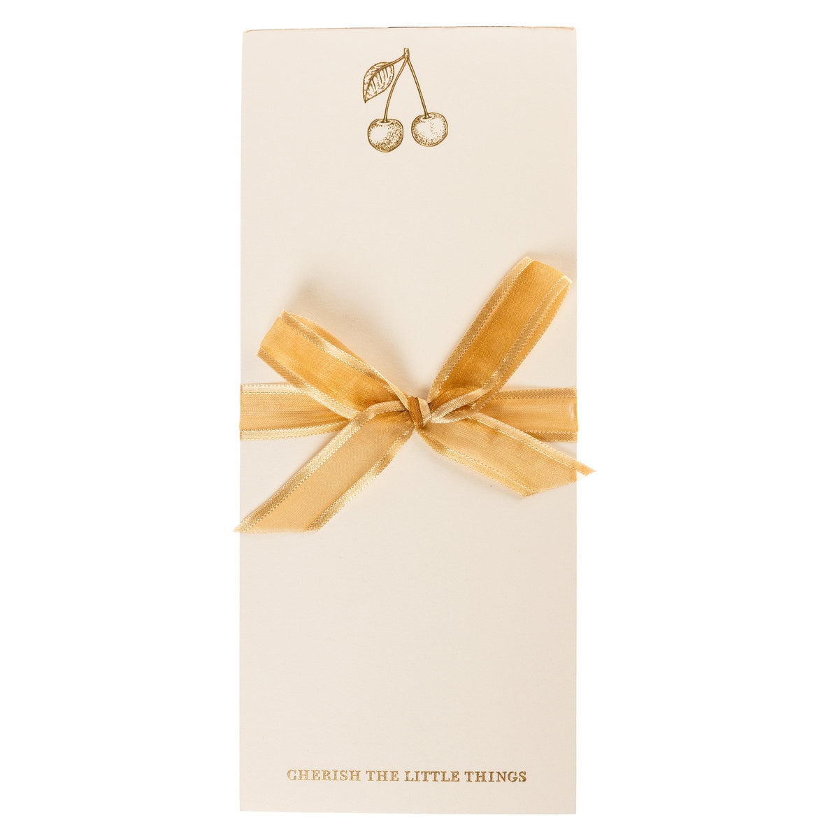 La Petite Presse Cherries Gilded Desktop Notepad, A cream notepad with gold foil cherries at the top and the words Cherish the Little Things stamped in gold at the bottom.