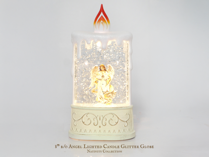 8" B/O Lighted Angel Candle Glitter Globe, Nativity Decor