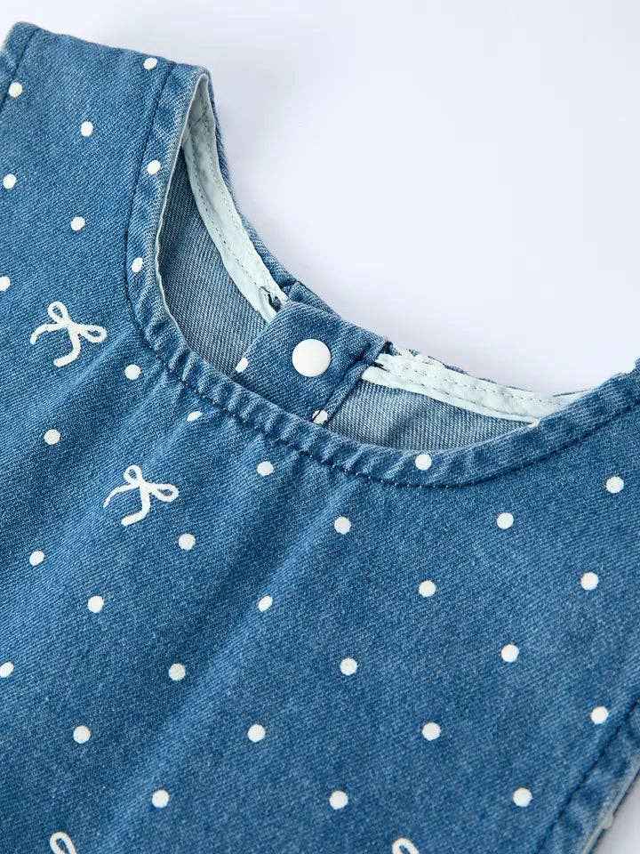 Spring Bow Dot Denim Ruffle Top and Pants Set 3/4 Pants: Blue / 8/9Y
