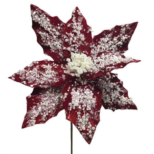 Santa's Suit Pearl Red Poinsettia Stem 22"