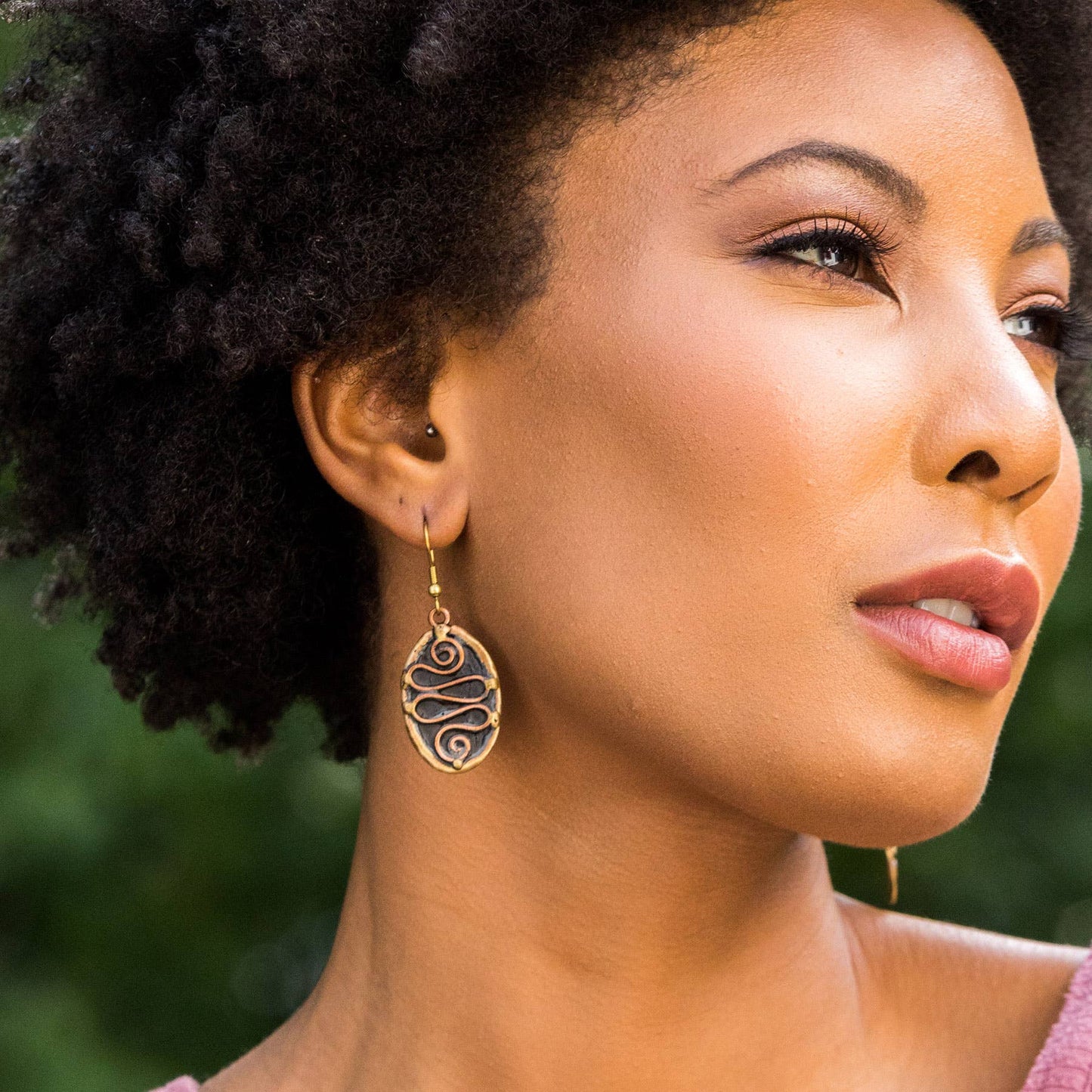 Brass Patina Earrings with Wavy Line