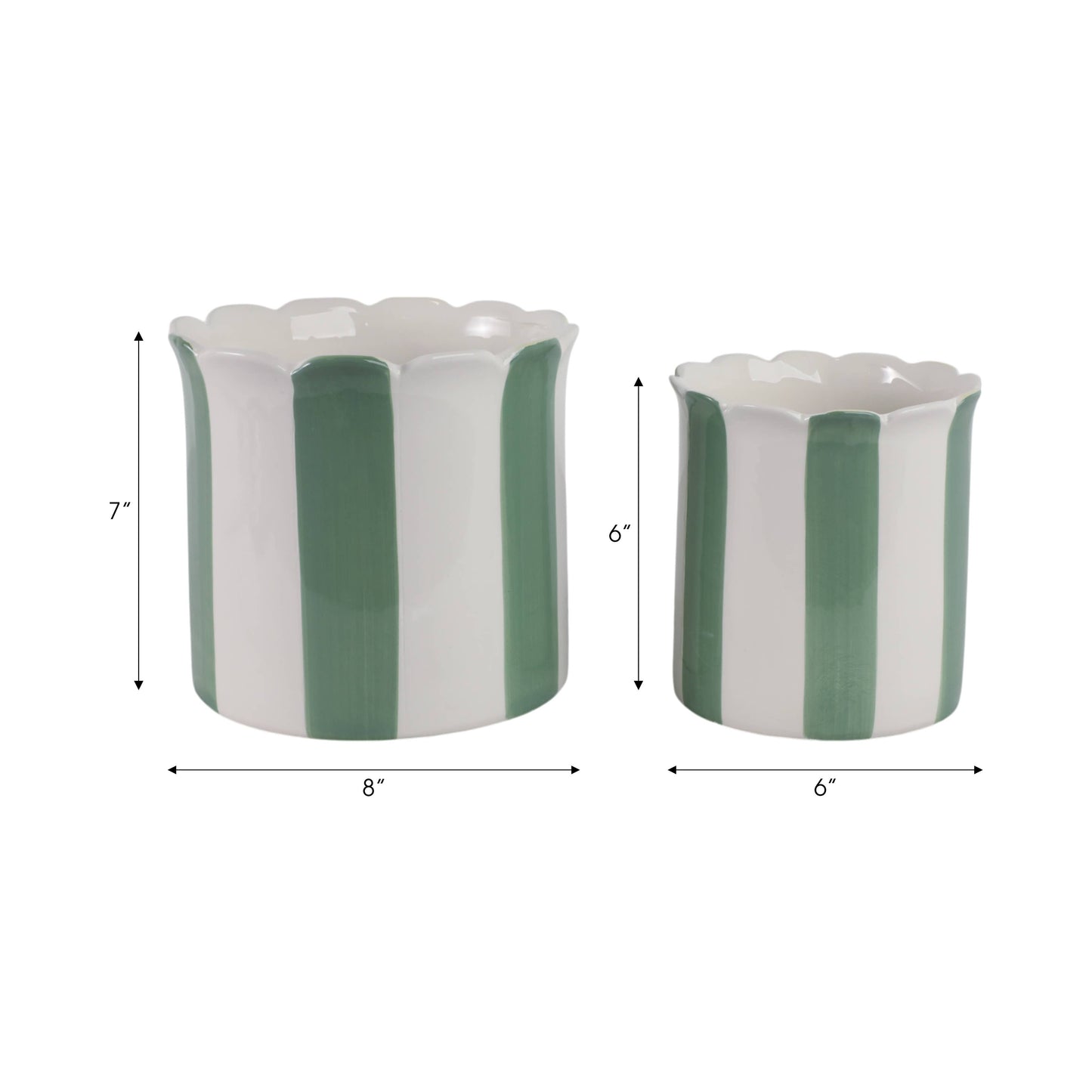 Sagebrook Home - Planters Set of 2 - Green/White Ceramic Striped, 6/8 in.
