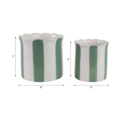 Sagebrook Home - Planters Set of 2 - Green/White Ceramic Striped, 6/8 in.