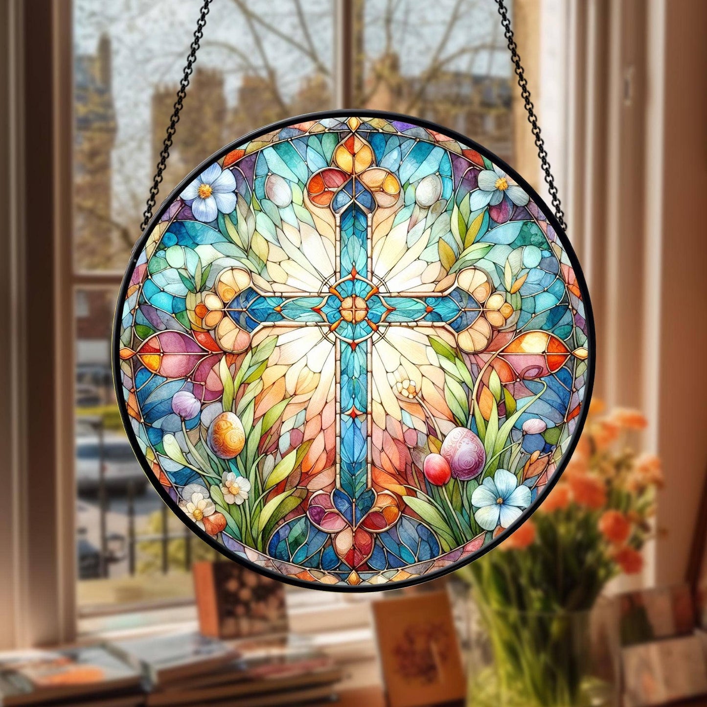 Stained Glass Cross And Wildflowers Suncatcher, Flower Cross