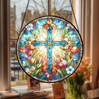 Stained Glass Cross And Wildflowers Suncatcher, Flower Cross