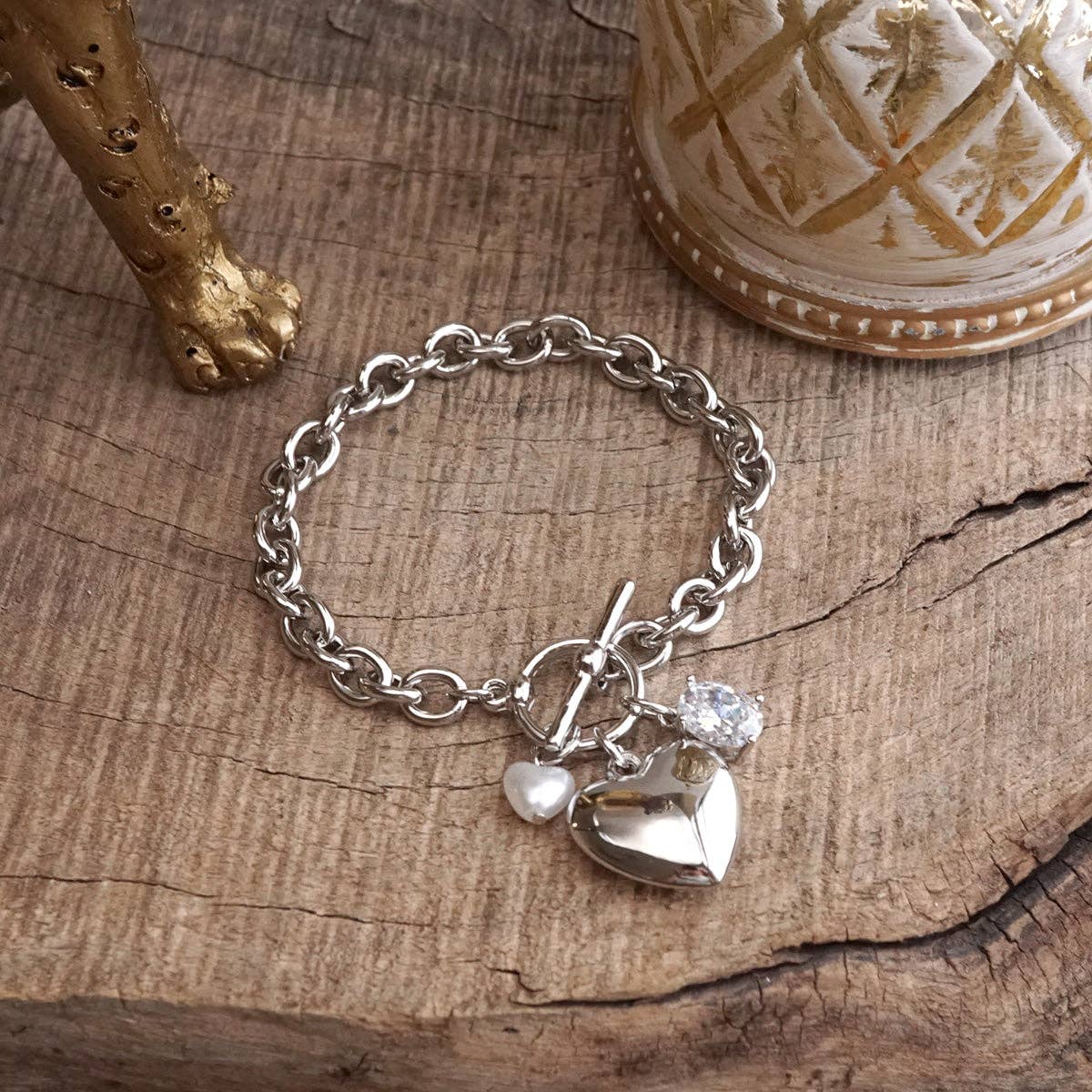 PennyLine inc - Heartstring Glow – Toggle Charm Bracelet with Pearl & Crystal