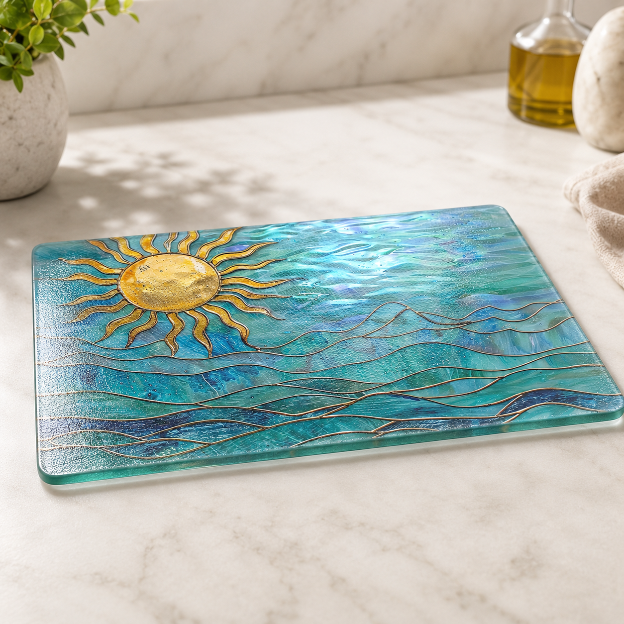 Ocean Sun Tempered Glass Cutting Board, Coastal Charcuterie : 8x11 inch