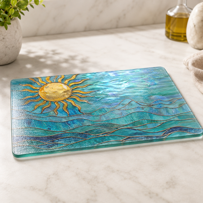 Ocean Sun Tempered Glass Cutting Board, Coastal Charcuterie : 8x11 inch
