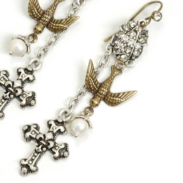 Joyería Sweet Romance - Pendientes con cruz y pájaro del Espíritu Santo E1122