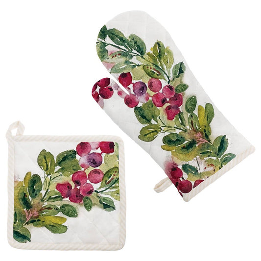 Boston International - Cranberry Wreath Cotton Pot Holder & Oven Mitt Set Christmas