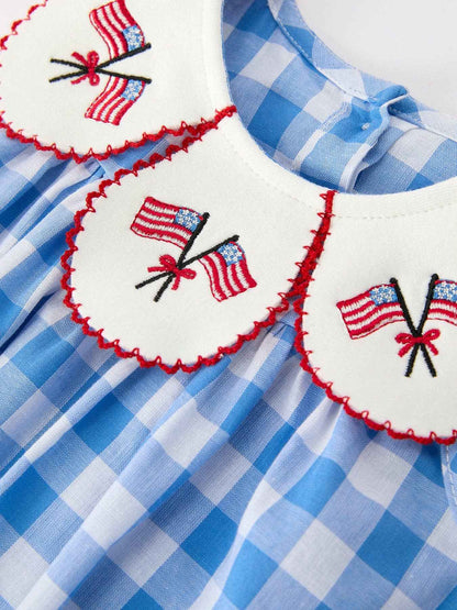 Girls 4th of July Plaid Romper Bow Embroidery Petals Collar: 3M