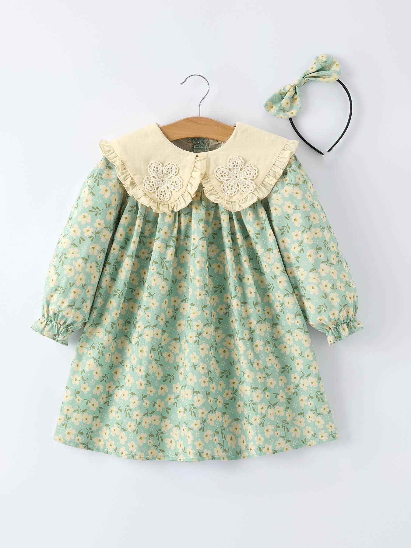 Spring Floral Print Long-Sleeved Romper and Dress Matching Headband: 5 / Dress