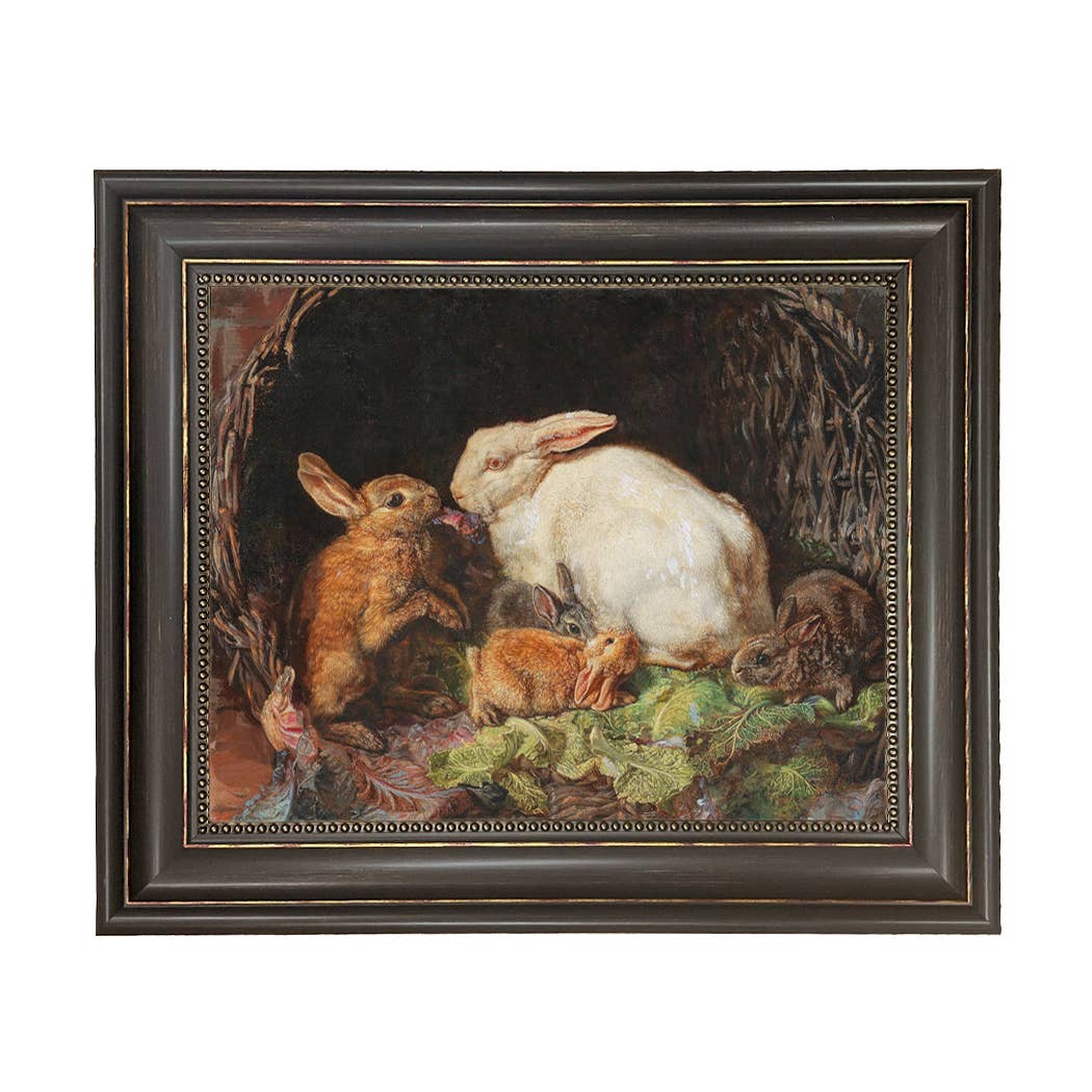 Hares and Young Framed Painting Print on Canvas