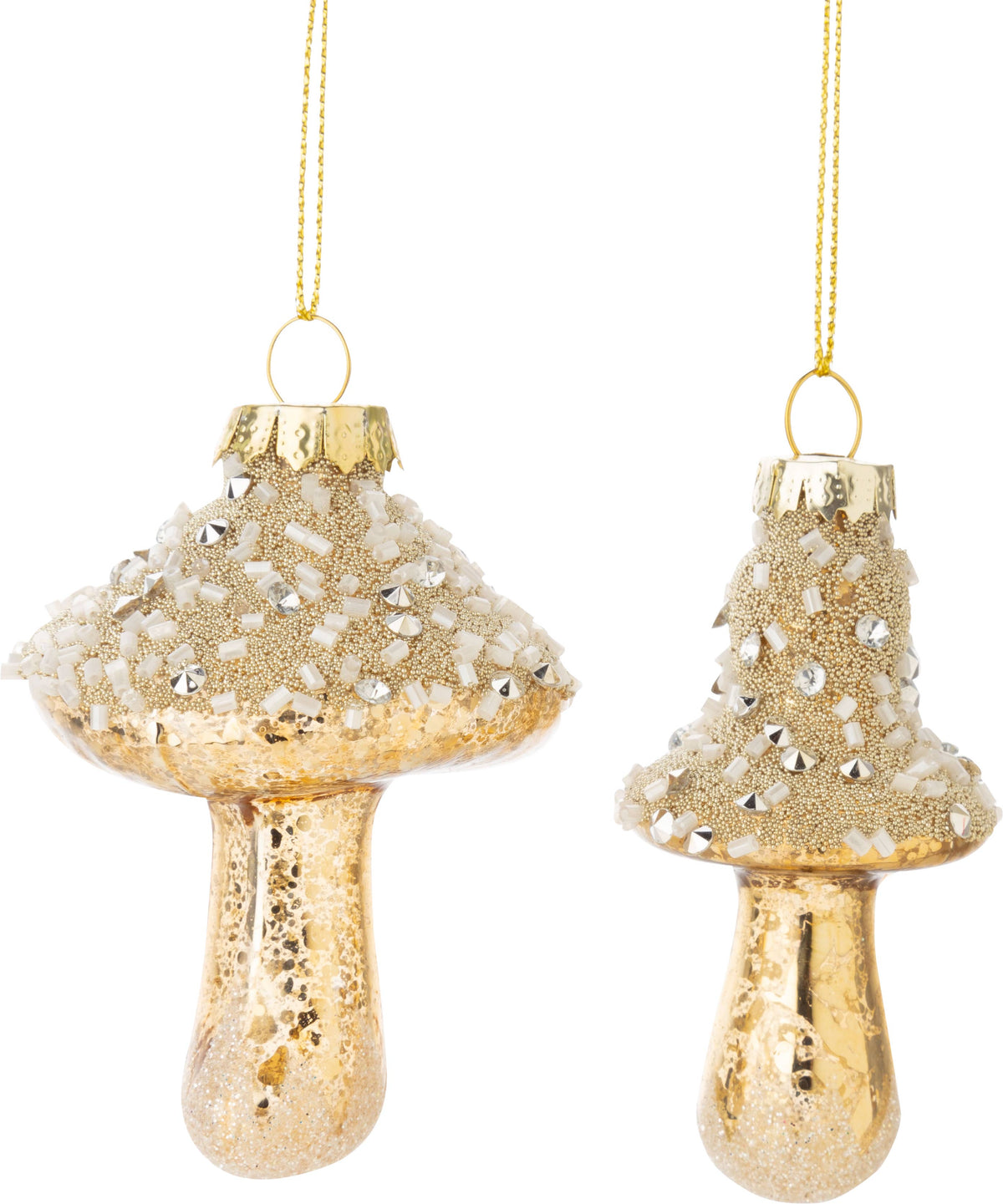 Assorted glass mushroom ornament, antique gold with clear,