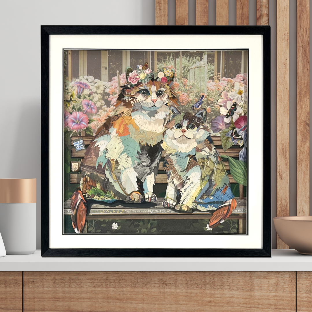 Arte de collage 3D | Gatos en el jardín (81 cm x 81 cm)