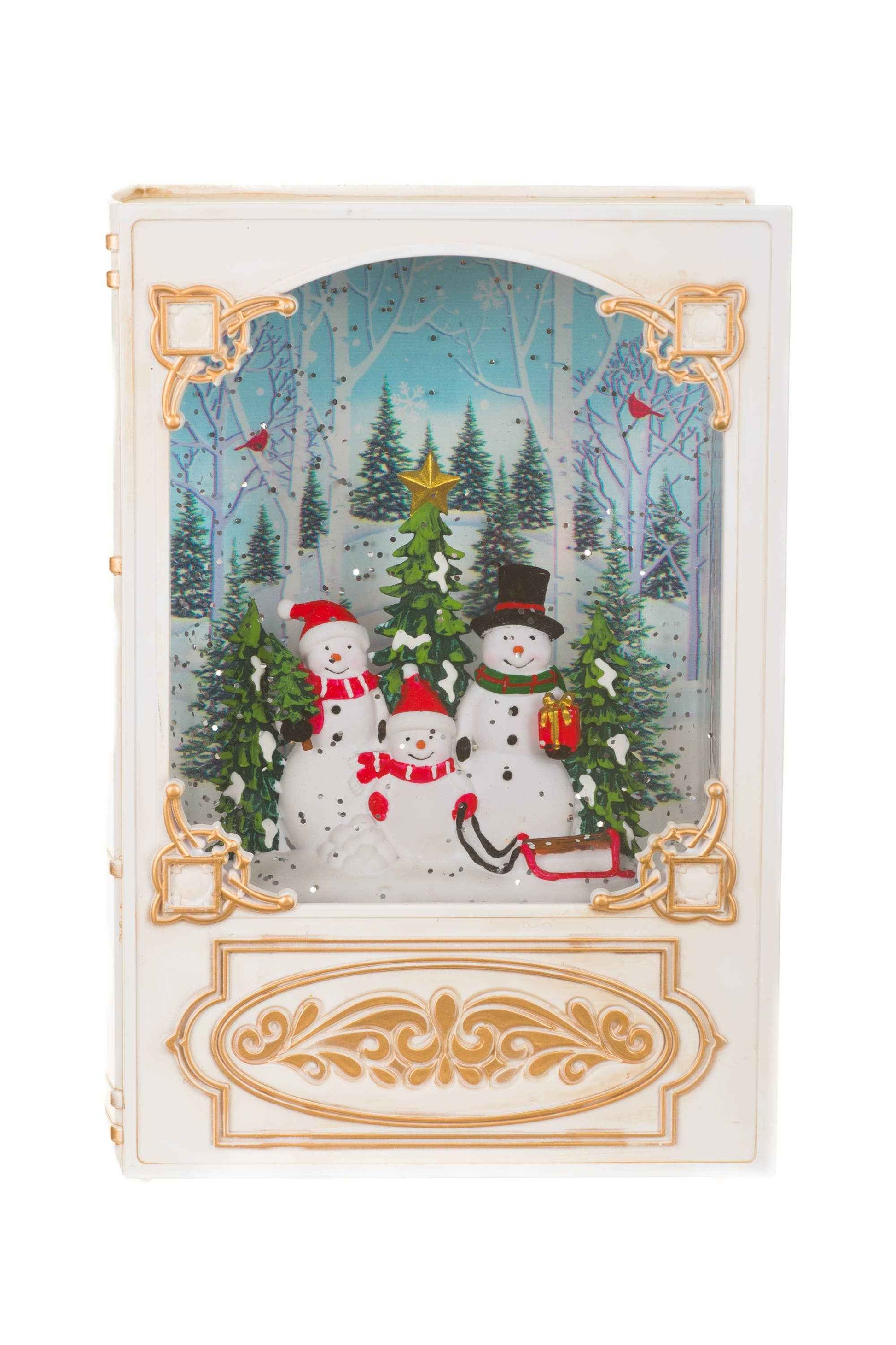 NEW-White Bookend Snow Globe with Snowman Family