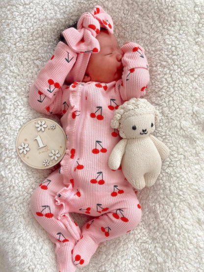 Organic Waffle 2-Way Zip Ruffle Footie, Pink Cherries: 6 - 9 mo.