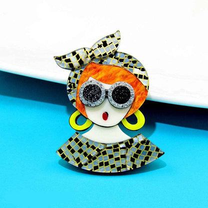 Glasses Girl Acrylic Brooch PA4087: Orange