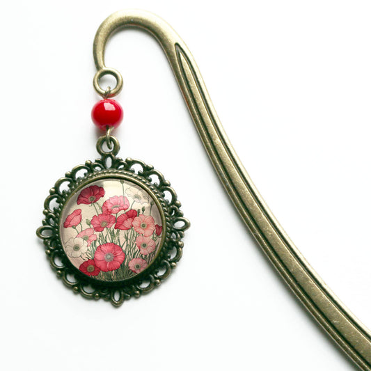Pink and Red Poppies Cottage core Bronze and Glass Bookmark