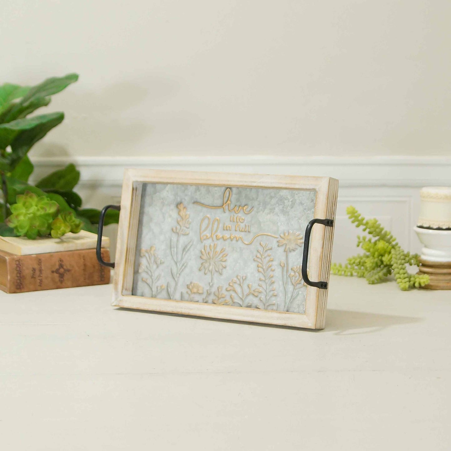 Metal Embossed Tray Wood "Live Life in Full Bloom"