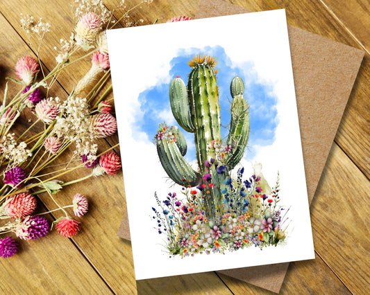 Arizona Saguaro and Blue Clouds Watercolor Greeting Card