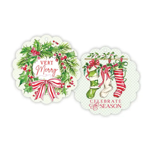 Very Merry Wreath with Striped Red Bow Scalloped Gift Tags