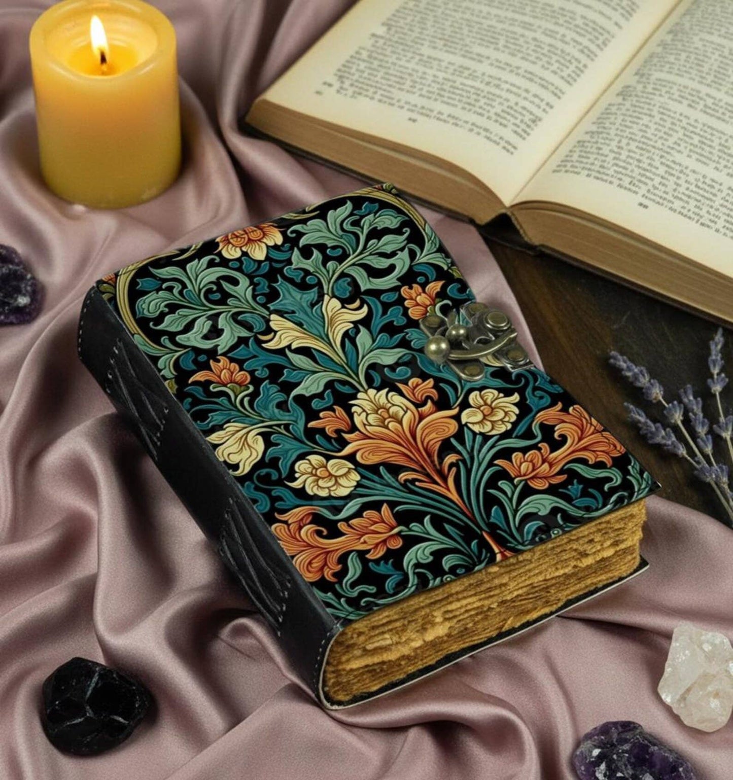 Floral Leather Journal with Lock, Vintage Botanical Diary