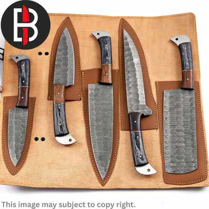 Damascus Steel Chef Set Handmade BBQ Kitchen Knives 5 Pcs