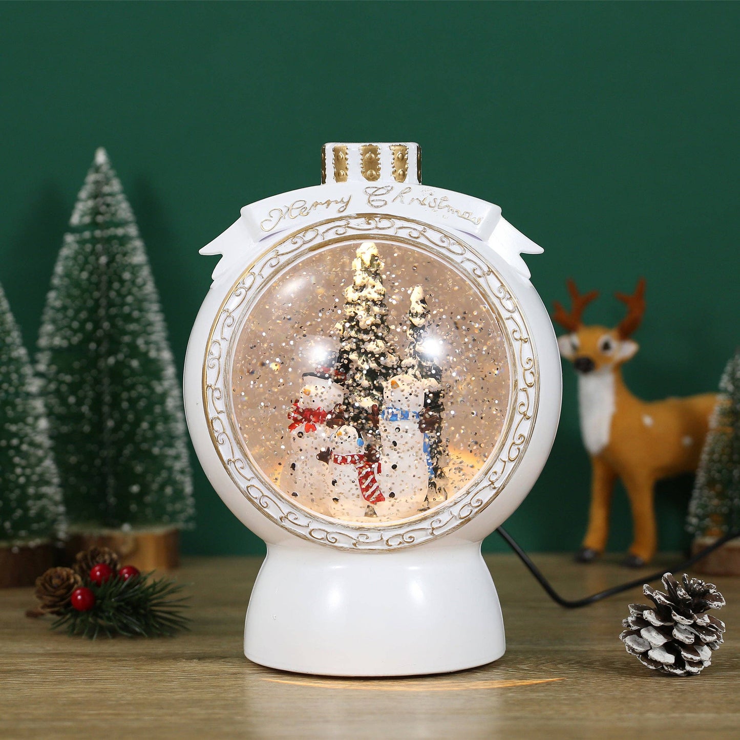 Christmas Musical White Round Snow Globe Lantern with Snowman Family Scene for Christmas Decoration