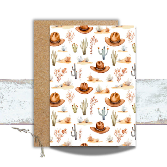 Boho Western Watercolor Cactus and Cowboy Hat Greeting Card