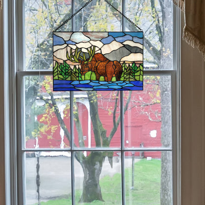 18.25" Moose Mountainscape Stained Glass Window Panel