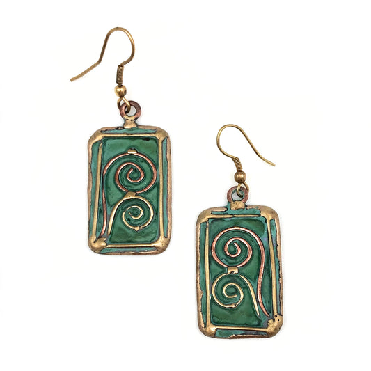 Brass Patina Earrings - Green With Double Spiral
